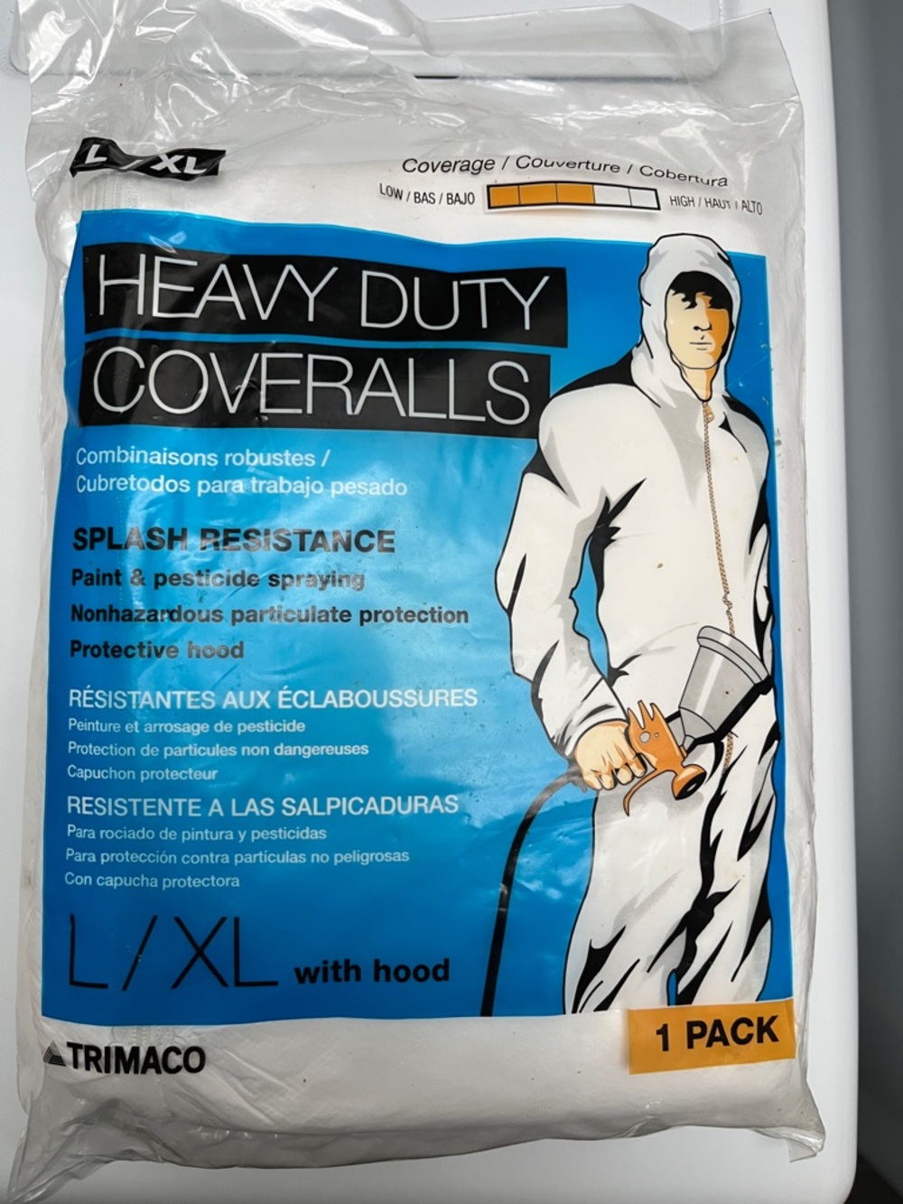 Heavy Duty White Coveralls L/XL with Hood - Splash Resistant